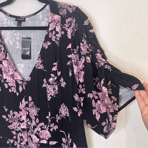 Torrid Dress Midi Rayon Slub Button Front Tie Black Pink Floral Plus Size 4X NEW - Picture 8 of 15